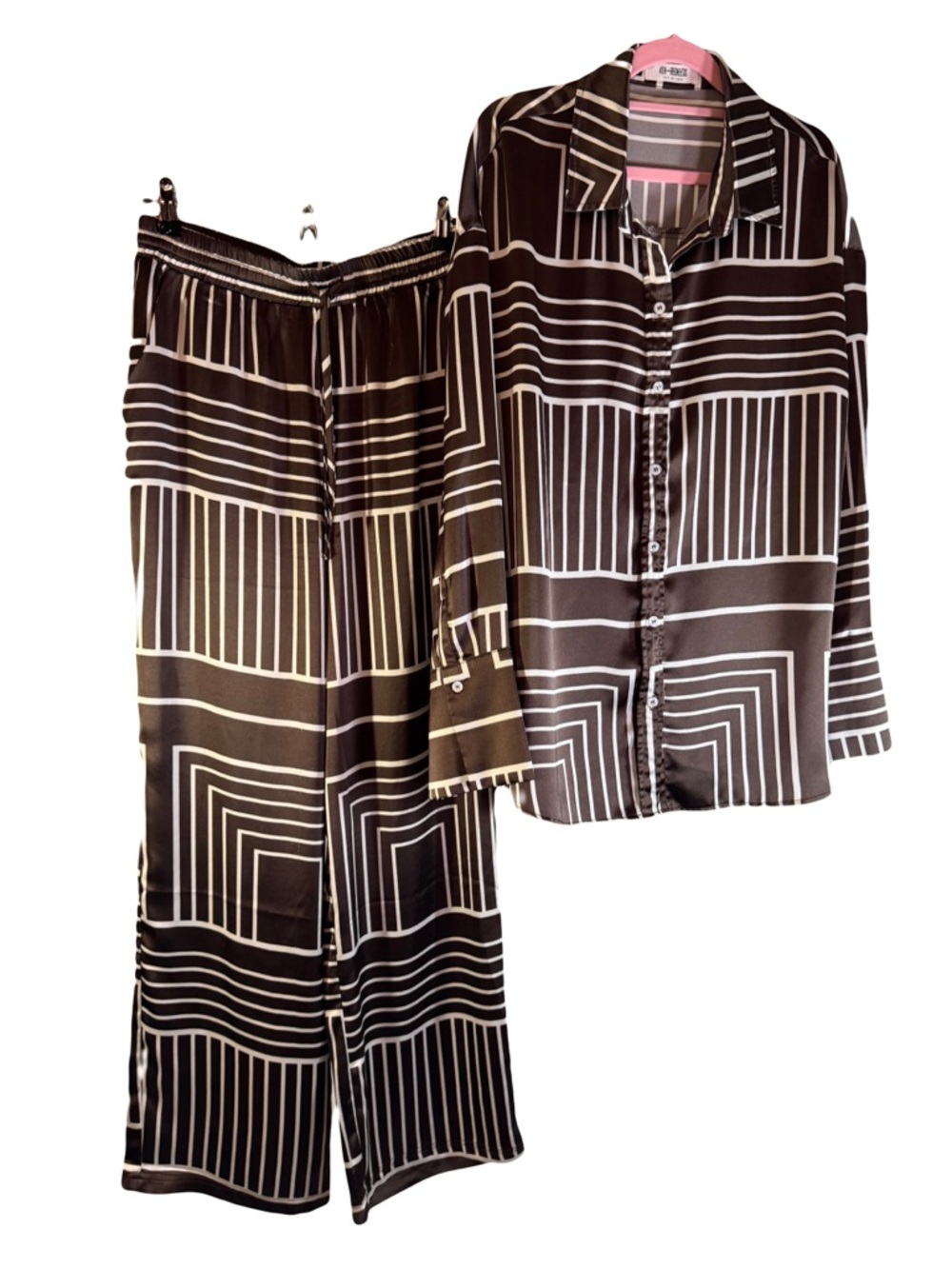4th & Reckless Geometric Satin 2 Piece Set Shirt & Wide Leg Pants Brown White L